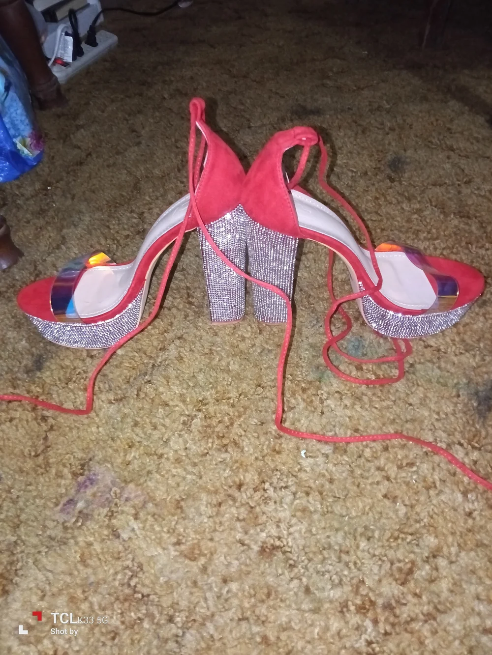 Red Rhinestone Platform Lace-Up Heels